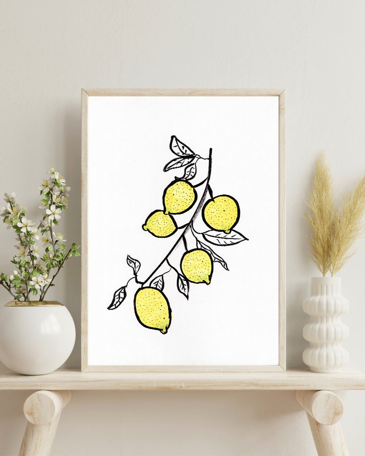 Lemon Branch Print, Instant Download, Kitchen Decor, Yellow Poster, Citrus Printable, Fruit Food Decor, Drawing from Original Artist
