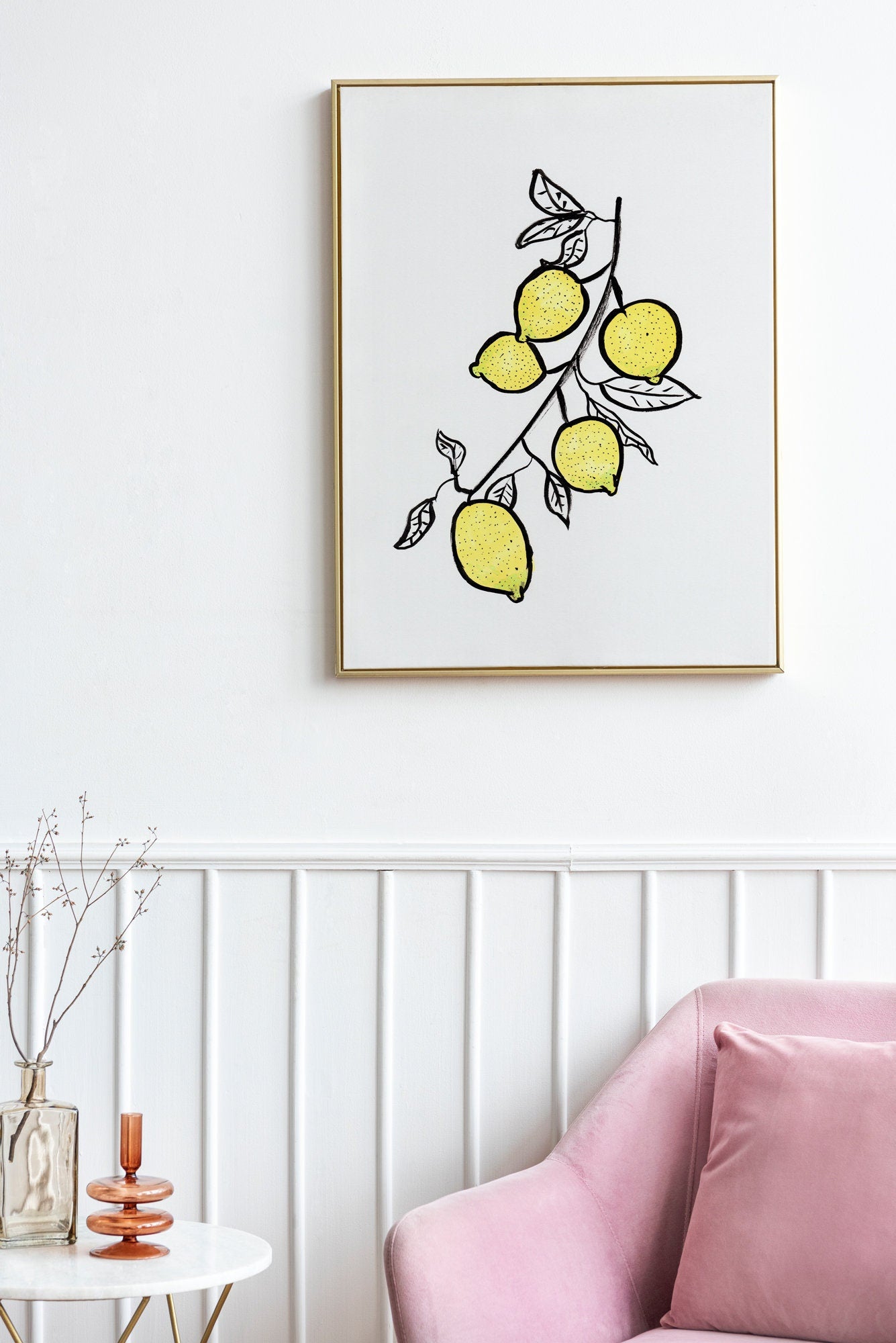 Lemon Branch Print, Instant Download, Kitchen Decor, Yellow Poster, Citrus Printable, Fruit Food Decor, Drawing from Original Artist