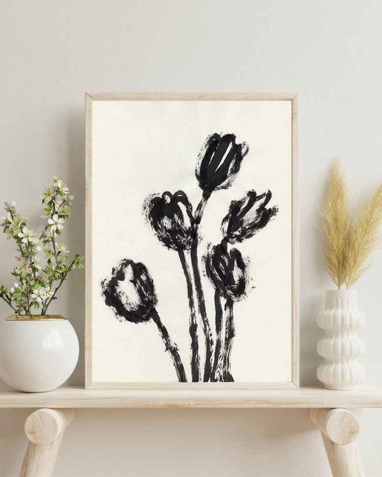 Tulip Print, Black Flower Melancholy, Digital Download, Gift for Her, Spring Wall Art, Ink Botanical Drawing, Tulip Gifts, Modern Art Decor
