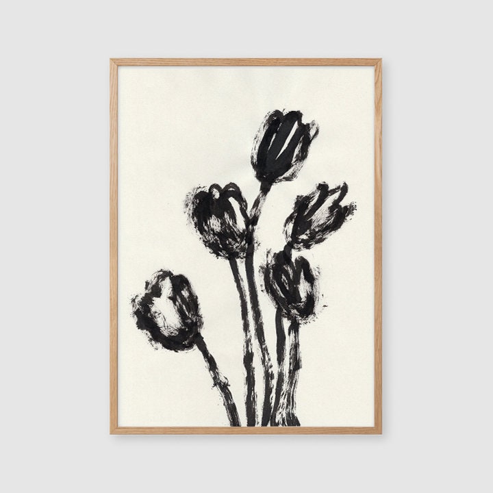 Tulip Print, Black Flower Melancholy, Digital Download, Gift for Her, Spring Wall Art, Ink Botanical Drawing, Tulip Gifts, Modern Art Decor