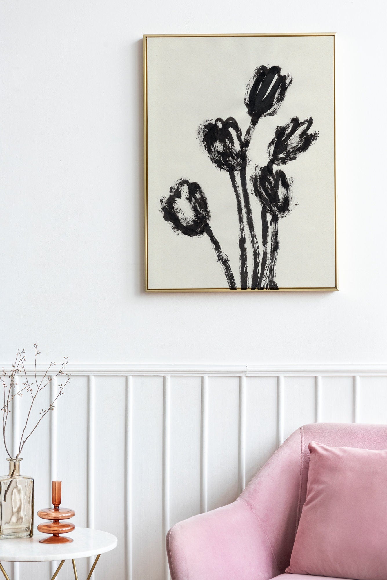 Tulip Print, Black Flower Melancholy, Digital Download, Gift for Her, Spring Wall Art, Ink Botanical Drawing, Tulip Gifts, Modern Art Decor