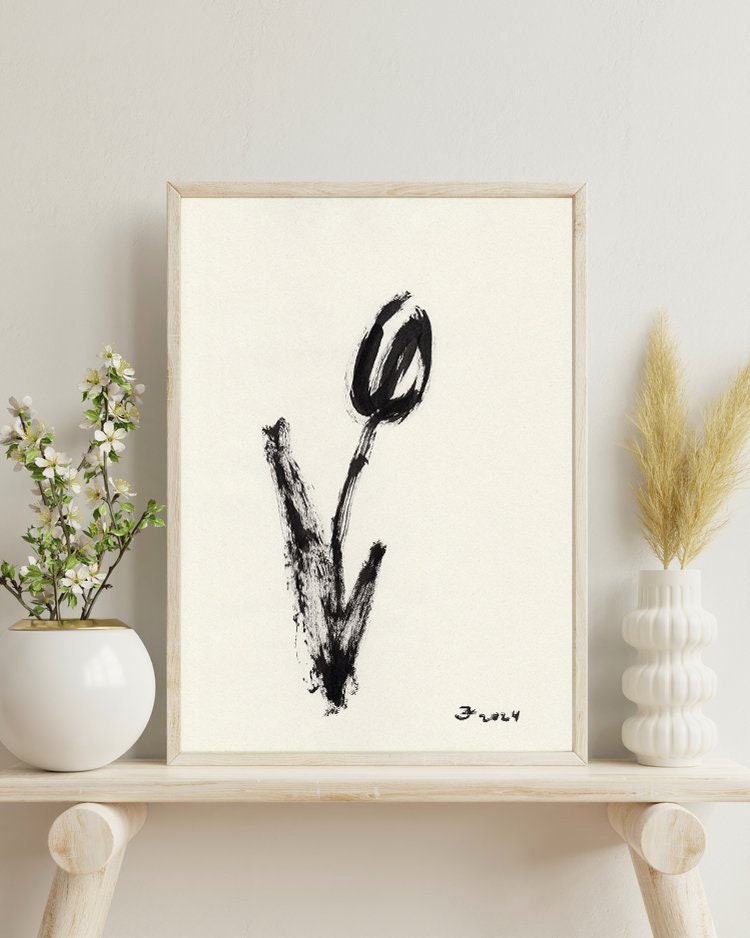 Spring Flower Wall Art, Printable Black and White Decor, Instant Download, Easter Print, Modern Home Decor, Black Aesthetic Girl Room Decor