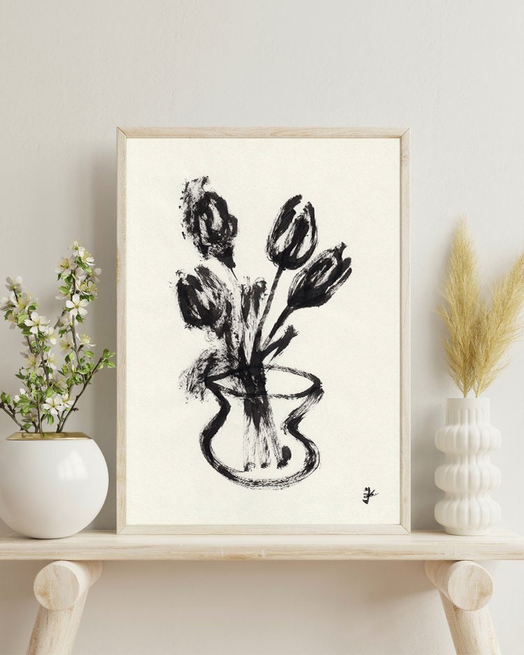 Tulip Wall Art, Digital Download, Black Spring Art, Dark Academia Flowers Artwork, Teen Girl Room Decor, Printable Botanical Illustration