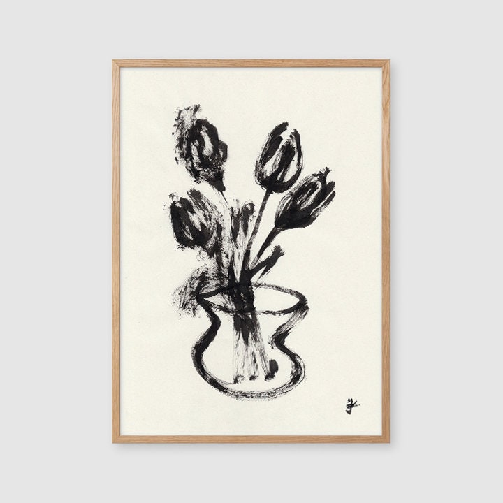 Tulip Wall Art, Digital Download, Black Spring Art, Dark Academia Flowers Artwork, Teen Girl Room Decor, Printable Botanical Illustration