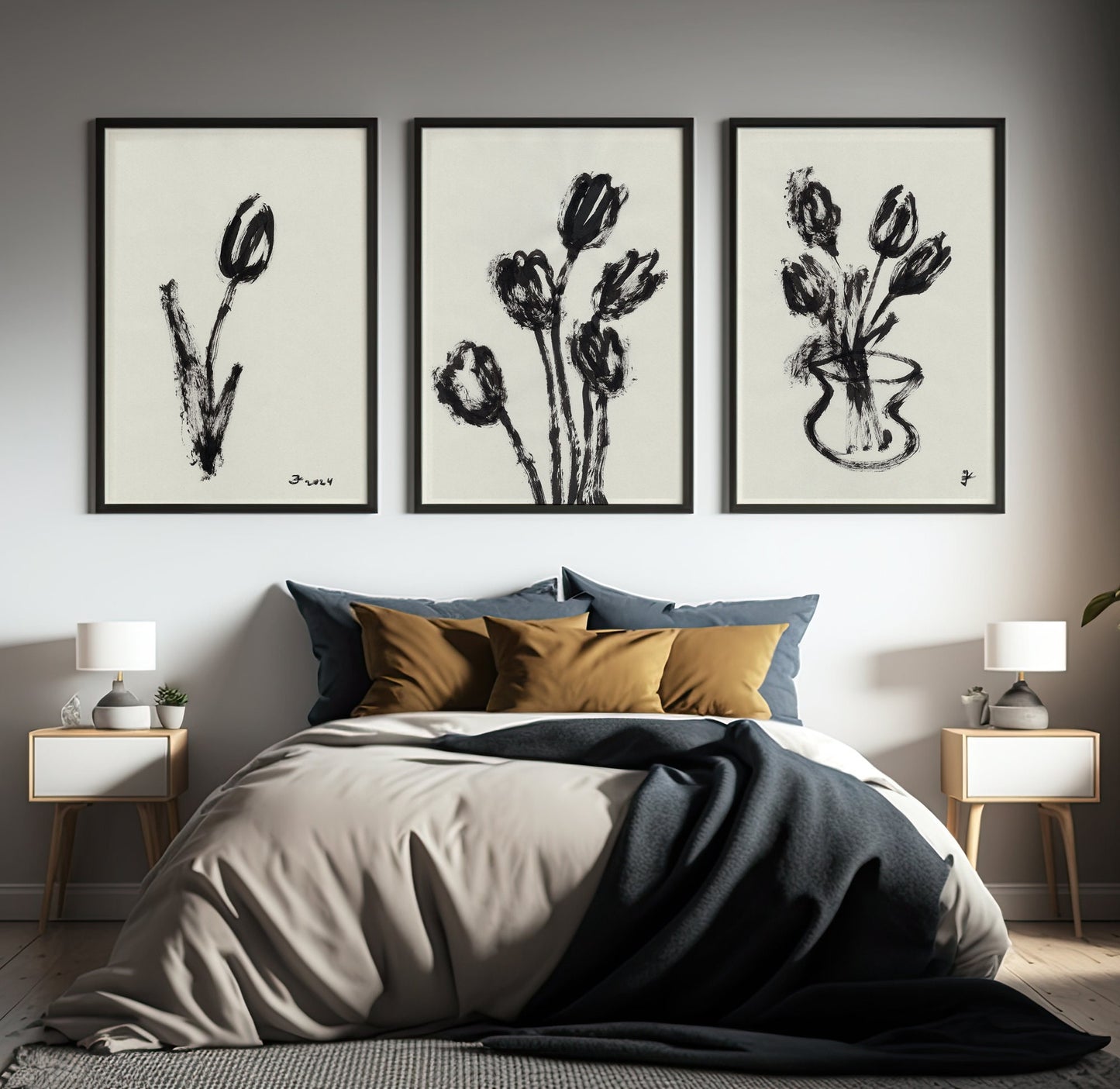 Set of 3 Black Spring Poster, Digital Download, Modern Botanical Painting, Ink Expressionist Wall Art, Mothers Day Gift, For Her, Melancholy