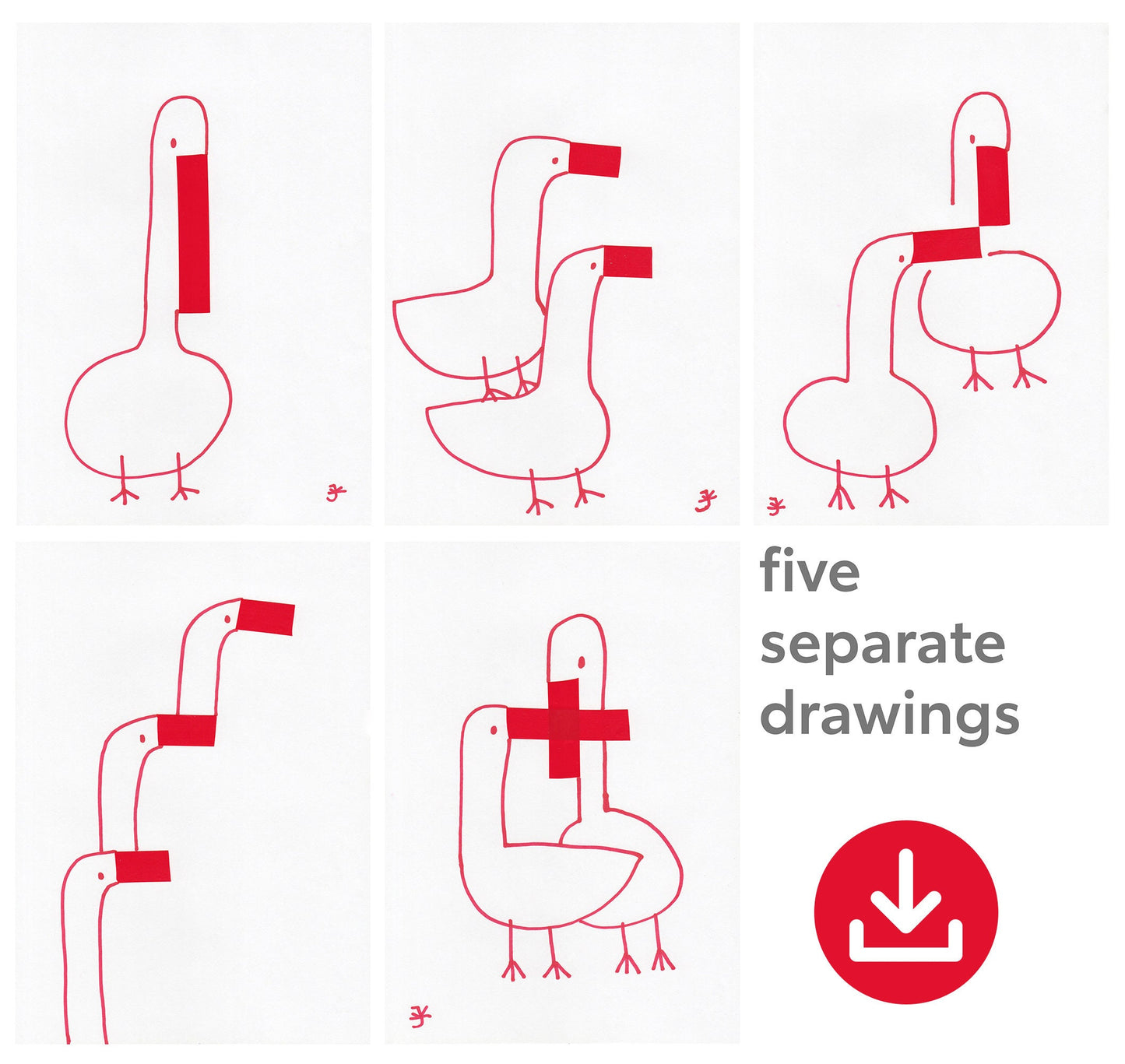 Set of 5 Red Geese Prints, Farmhouse Home Decor, Rustic Nursery Art, Digital Download, Goose Nursery, Cute Geese Poster