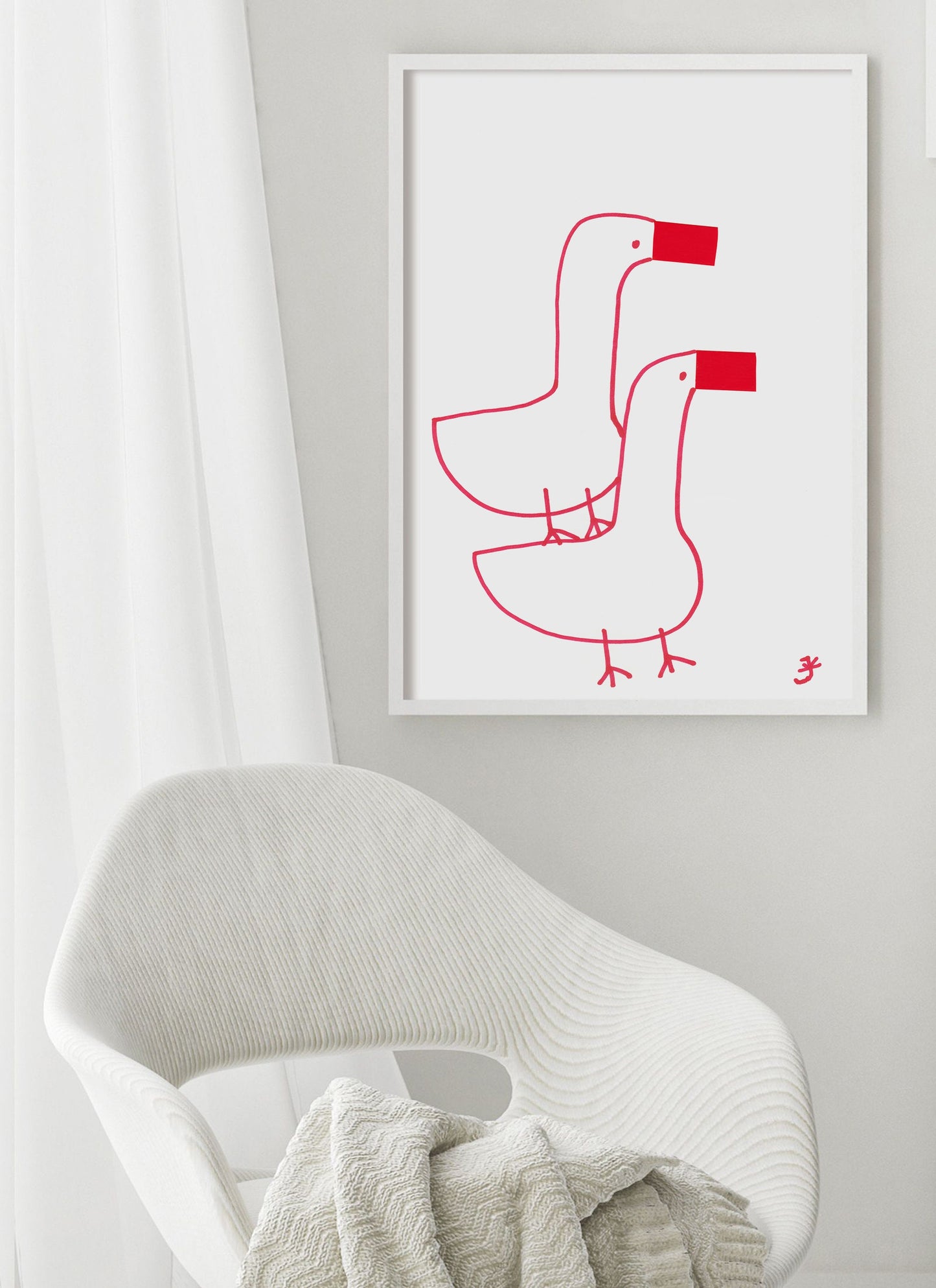 Two Geese Nursery Print, Digital Download, Farmhouse Decor, Red Accent Home Decorations, Easter Gift, Cute Red Gooses, Modern Wall Art