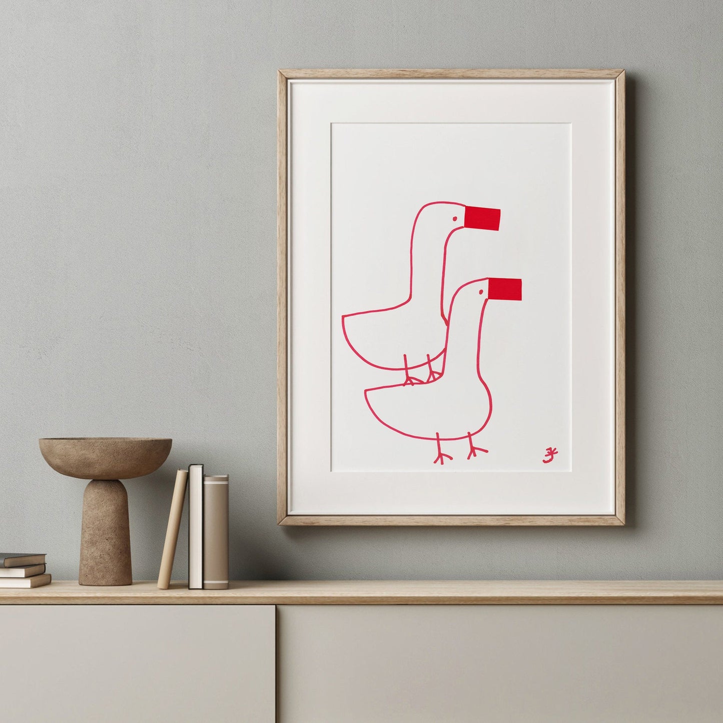 Two Geese Nursery Print, Digital Download, Farmhouse Decor, Red Accent Home Decorations, Easter Gift, Cute Red Gooses, Modern Wall Art