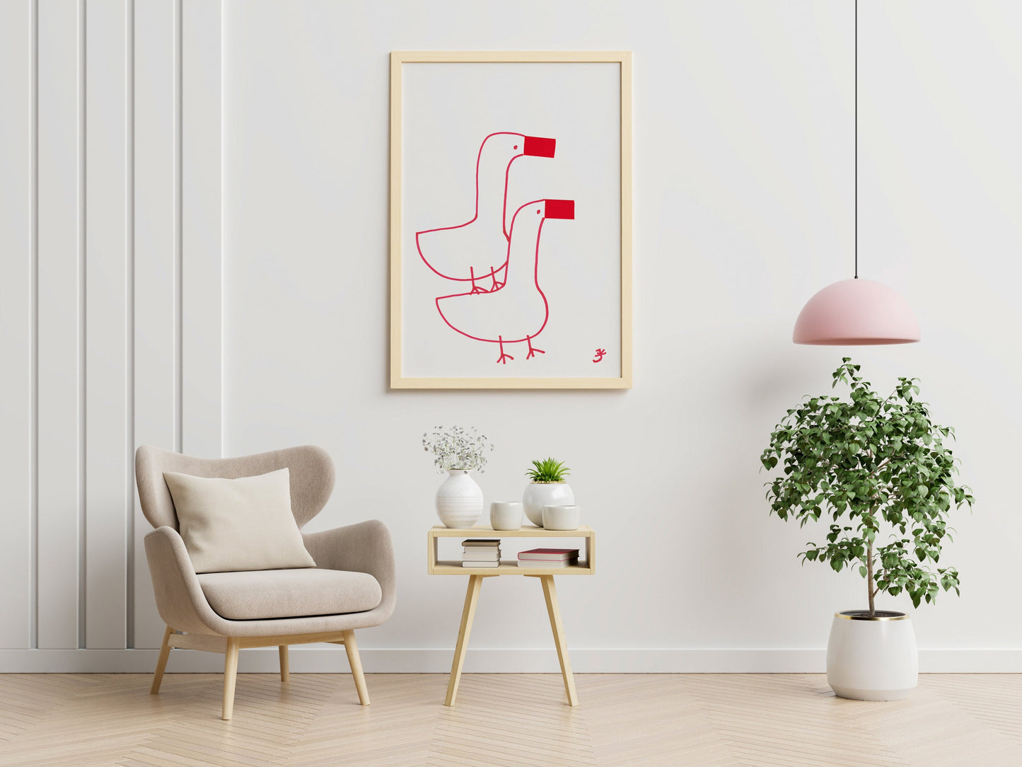 Two Geese Nursery Print, Digital Download, Farmhouse Decor, Red Accent Home Decorations, Easter Gift, Cute Red Gooses, Modern Wall Art