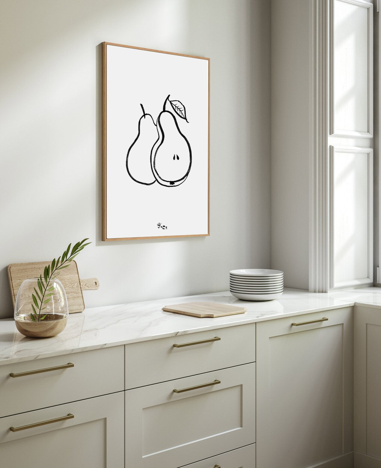 Pear Digital Download Print, Kitchen Wall Art, Fruit Decor, Minimalistic Pears Drawing, Black And White Kitchen Art, Vitamins Print, Bio