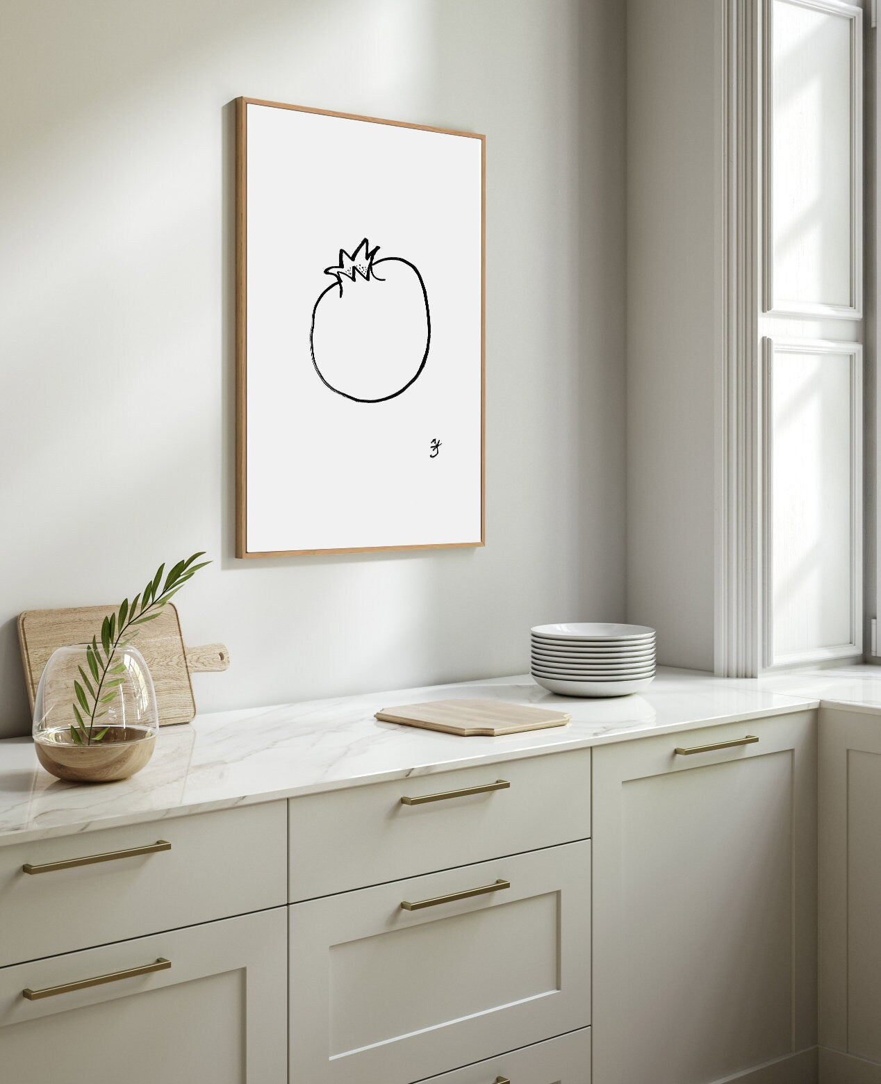 Pomegranate Print, Minimalist Fruit Wall Art, Instant Download, Pomegranate Ink Drawing, Winter Fruit Printable, Kitchen Black and White
