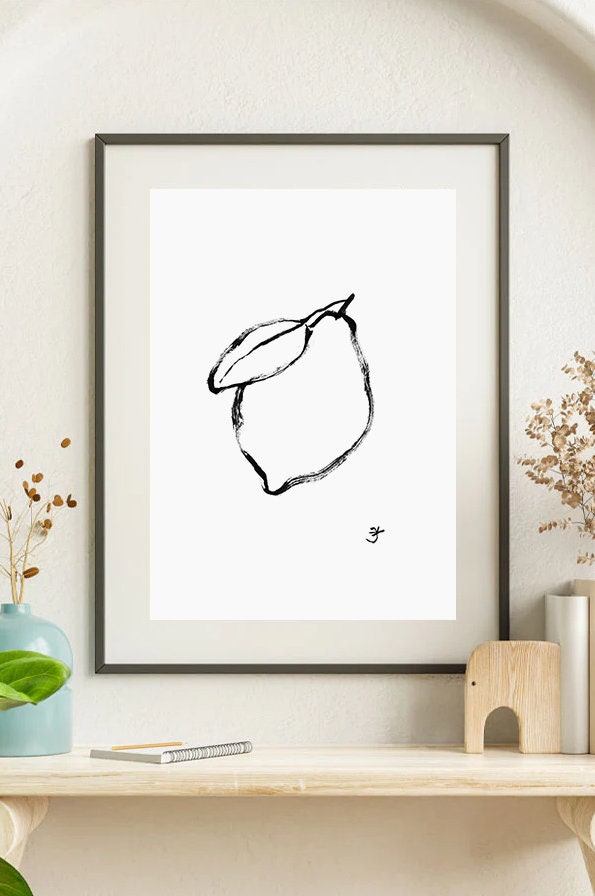 Minimalist Lemon Print, Black and White Dinner Room Wall Art, Still Life Drawing, Fruit Decor, French Kitchen Art, Citrus Digital Download