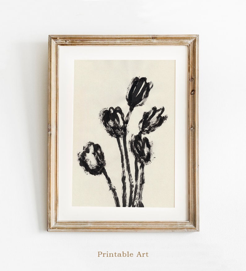 Tulip Print, Black Flower Melancholy, Digital Download, Gift for Her, Spring Wall Art, Ink Botanical Drawing, Tulip Gifts, Modern Art Decor