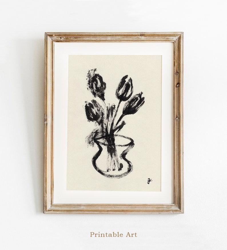 Tulip Wall Art, Digital Download, Black Spring Art, Dark Academia Flowers Artwork, Teen Girl Room Decor, Printable Botanical Illustration