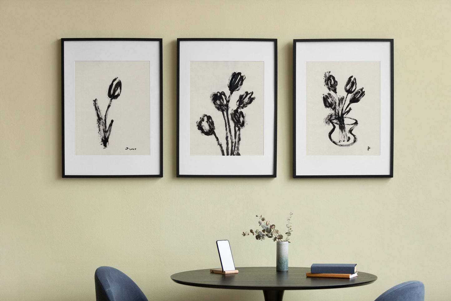 Set of 3 Black Spring Poster, Digital Download, Modern Botanical Painting, Ink Expressionist Wall Art, Mothers Day Gift, For Her, Melancholy