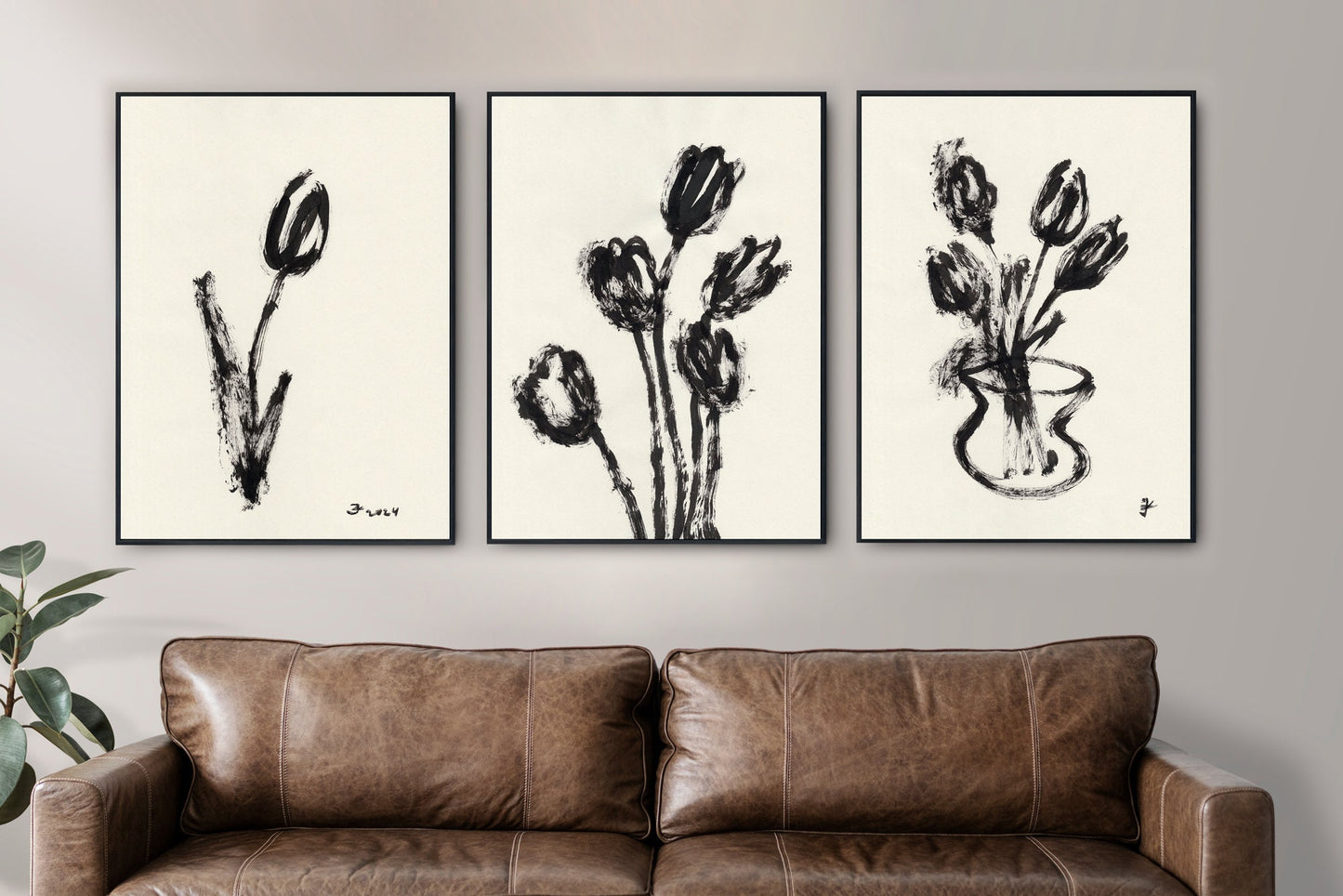 Set of 3 Black Spring Poster, Digital Download, Modern Botanical Painting, Ink Expressionist Wall Art, Mothers Day Gift, For Her, Melancholy