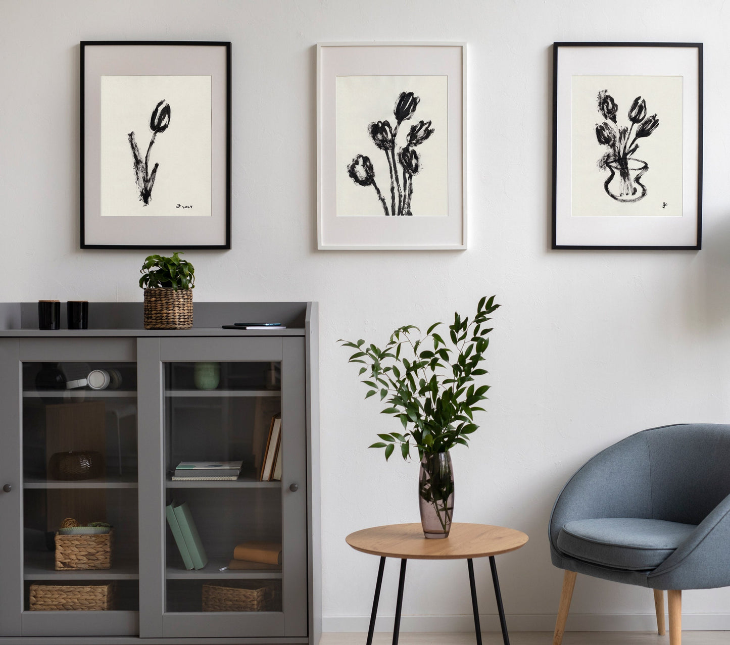 Set of 3 Black Spring Poster, Digital Download, Modern Botanical Painting, Ink Expressionist Wall Art, Mothers Day Gift, For Her, Melancholy