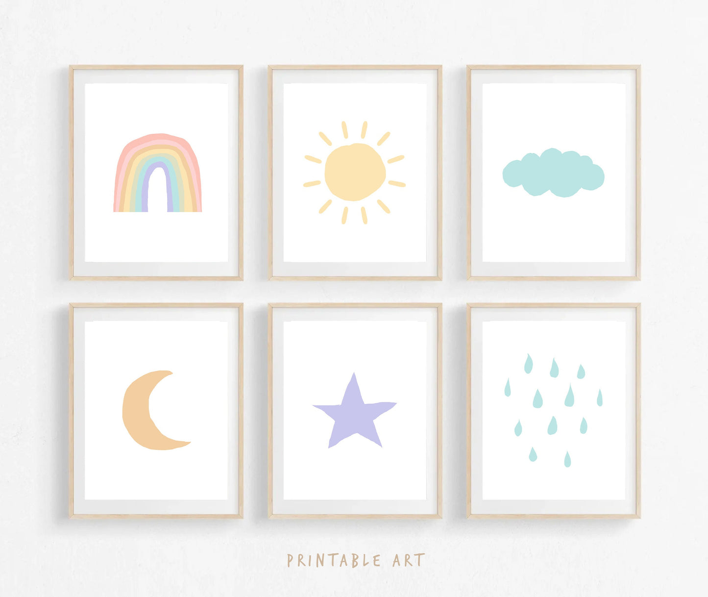 Rainbow Wall Art, Set of 6 Prints, Sun Cloud Moon Star Rain, Kids Playroom Decor, Nursery Wall Art, You Are My Sunshine, Girls Bedroom Decor