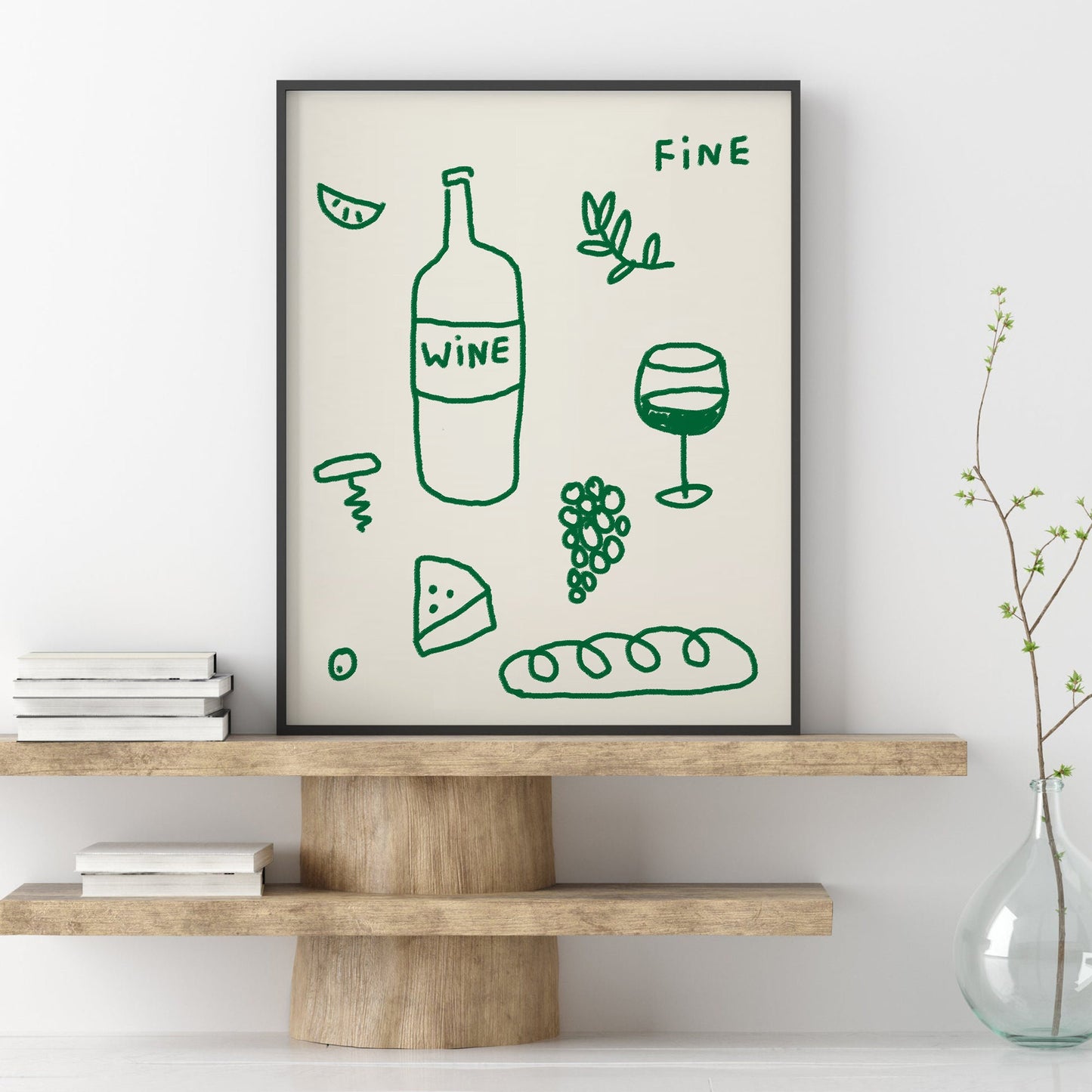 Green Wine and Cheese Kitchen Aesthetic Decor ~ Retro Drink Print Modern Kitchen Wall Art, Bar Cart ~ Fine Wine Printable ~ Digital Download
