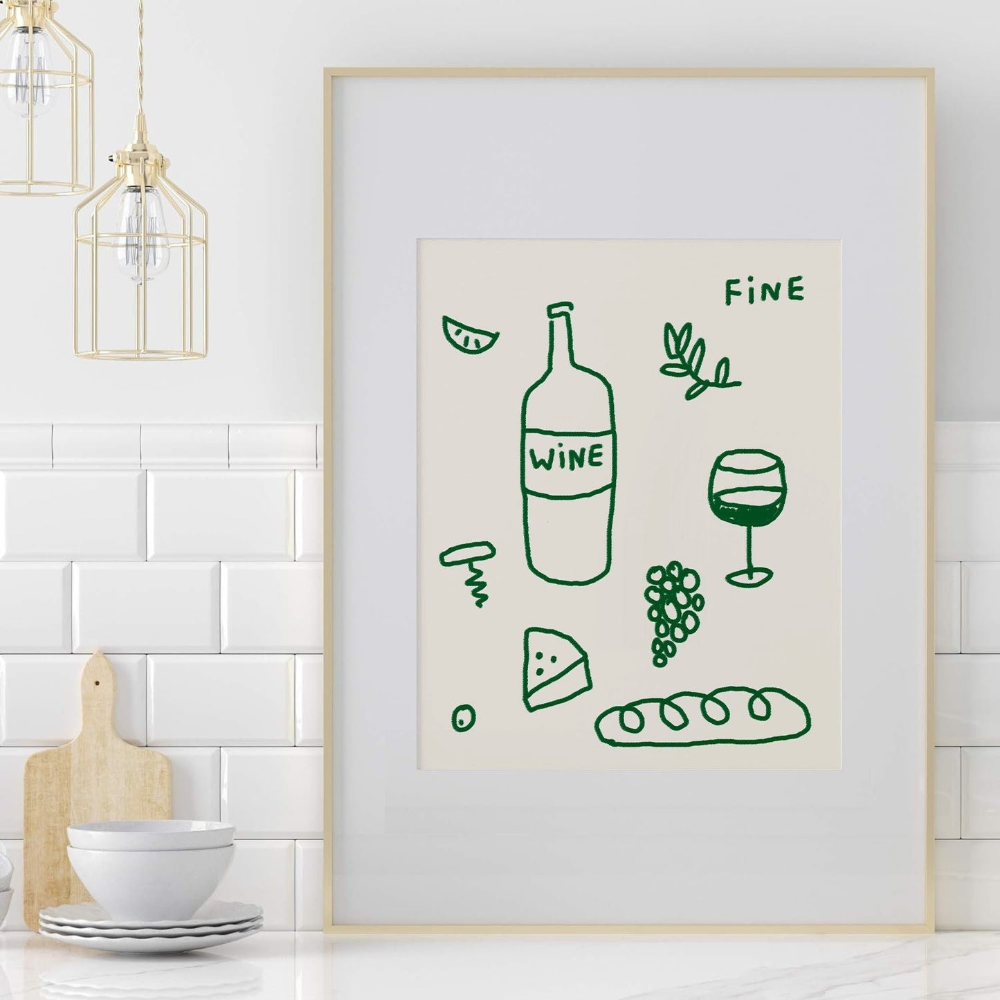Green Wine and Cheese Kitchen Aesthetic Decor ~ Retro Drink Print Modern Kitchen Wall Art, Bar Cart ~ Fine Wine Printable ~ Digital Download