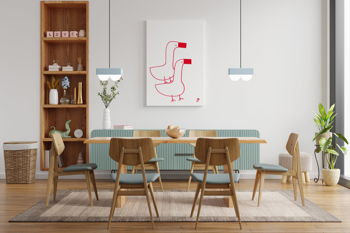 Two Geese Nursery Print, Digital Download, Farmhouse Decor, Red Accent Home Decorations, Easter Gift, Cute Red Gooses, Modern Wall Art