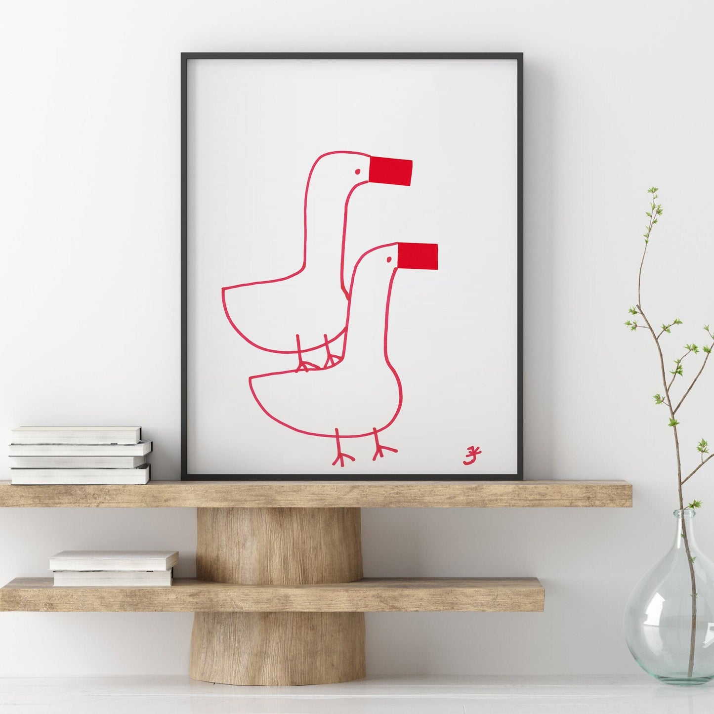 Two Geese Nursery Print, Digital Download, Farmhouse Decor, Red Accent Home Decorations, Easter Gift, Cute Red Gooses, Modern Wall Art