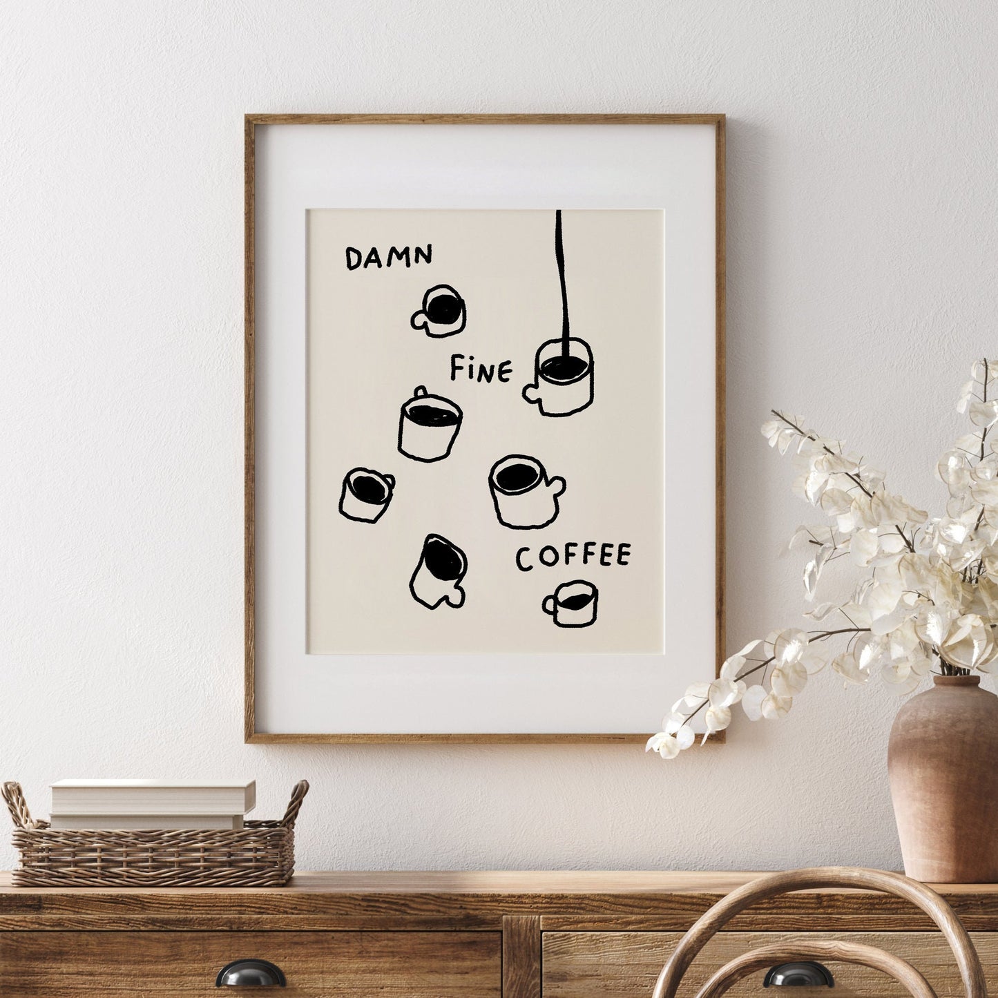Coffee Print, Kitchen Decor, Damn Fine Coffee, Trendy Wall Art, Coffee Morning Poster, Black and Beige Print, Scribble Coffee Drawing