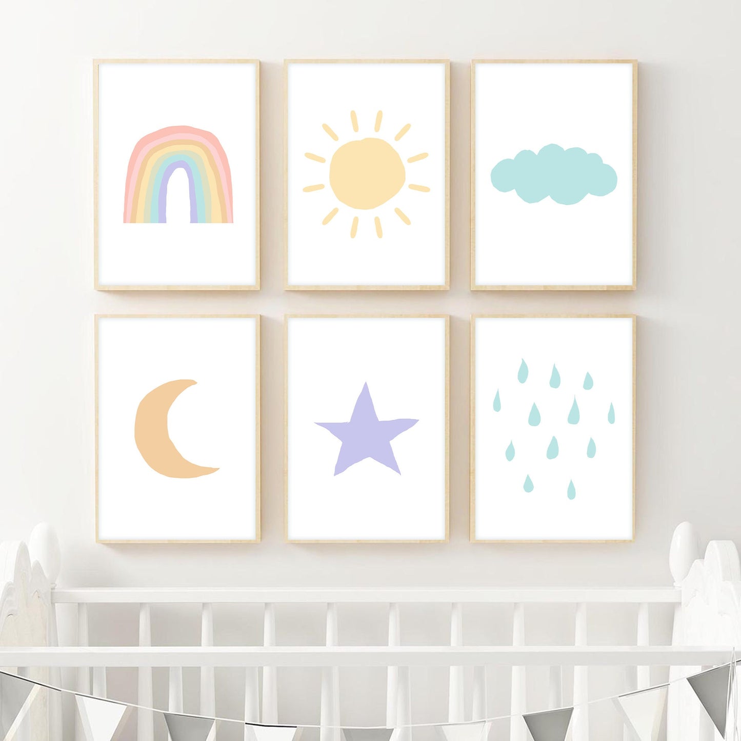Rainbow Wall Art, Set of 6 Prints, Sun Cloud Moon Star Rain, Kids Playroom Decor, Nursery Wall Art, You Are My Sunshine, Girls Bedroom Decor