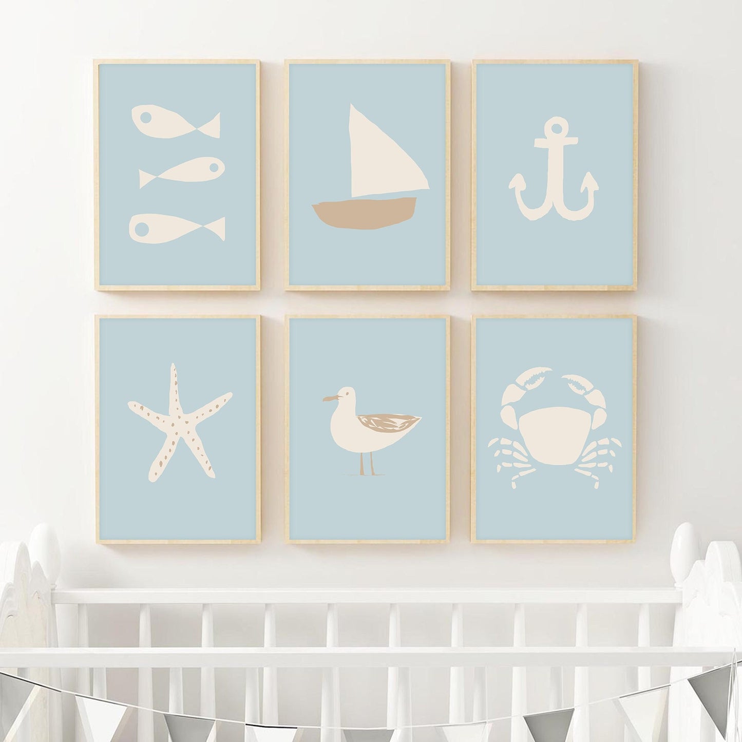Coastal Nursery Decor, Kids Bathroom Wall Art, Baby Blue Wall Art, Beach House Decorations, Sea Lover Gift, Seagull Poster, Set of 6 Prints