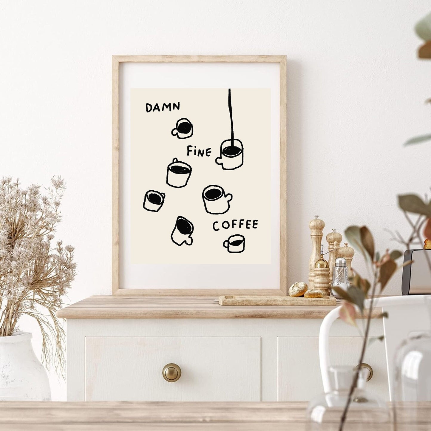 Coffee Print, Kitchen Decor, Damn Fine Coffee, Trendy Wall Art, Coffee Morning Poster, Black and Beige Print, Scribble Coffee Drawing