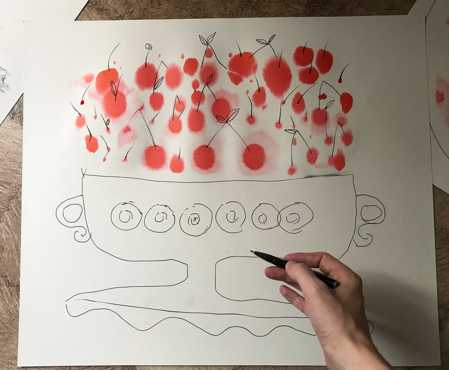 Kitchen Wall Art, Hand Painted Cherry Happiness in Summer Art, Ink on Paper Original Painting, Red Fruit Wall Decor (22,8x19in ~57,9x48,8cm)