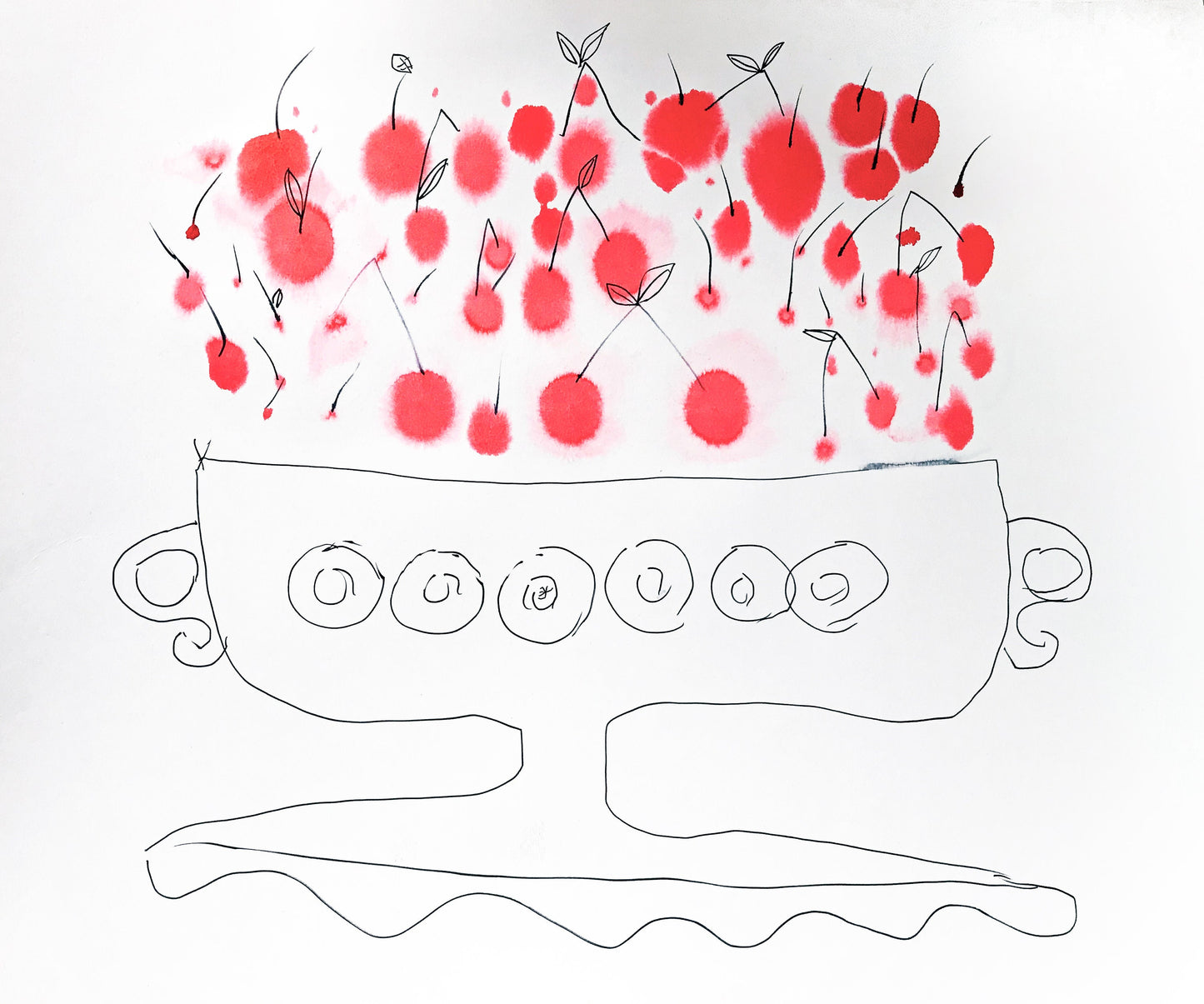 Kitchen Wall Art, Hand Painted Cherry Happiness in Summer Art, Ink on Paper Original Painting, Red Fruit Wall Decor (22,8x19in ~57,9x48,8cm)
