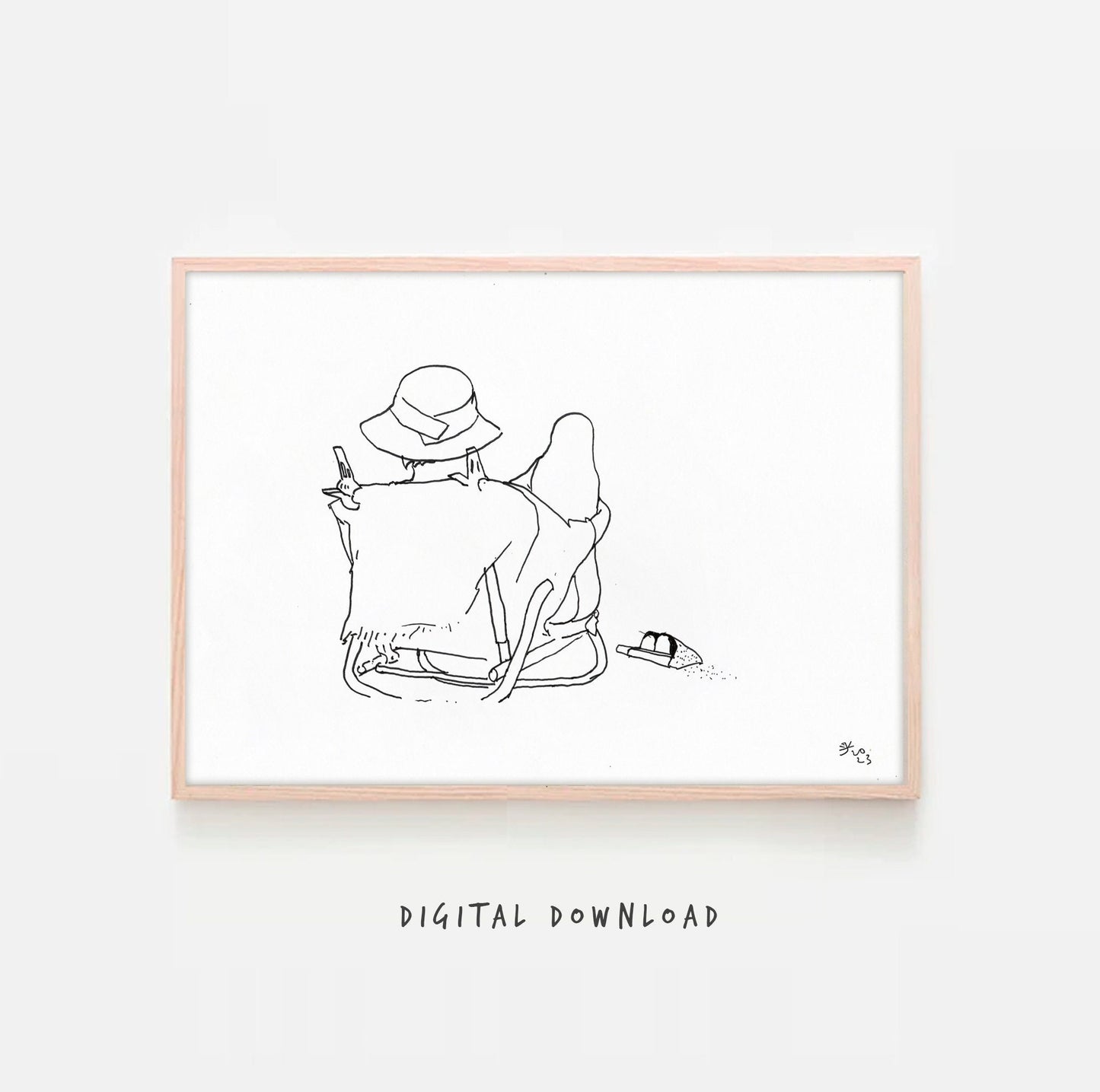 Summer Beach Minimalist Print: Coastal Decor Digital Download, Woman in Hat Relaxing, Modern Wall Art