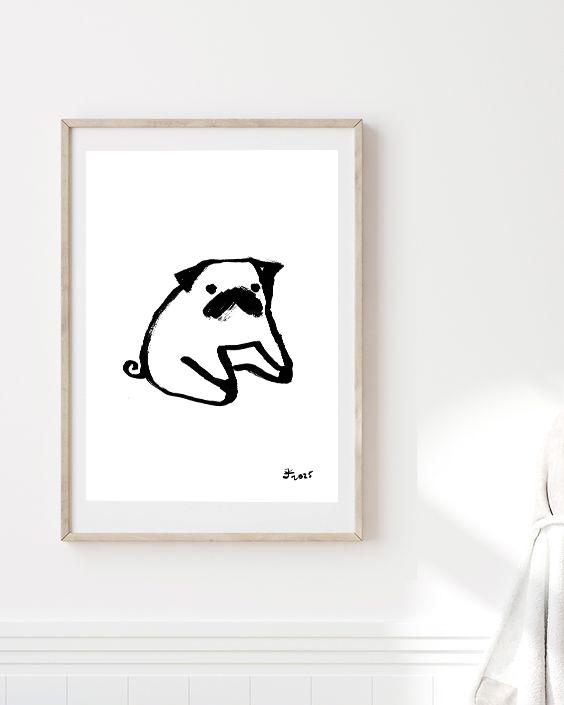 Pug Gifts, Art Print, Round funny Pug, Black and White dog print, Pet Home Decor, Pug Dog Sketch, Trendy Wall Art