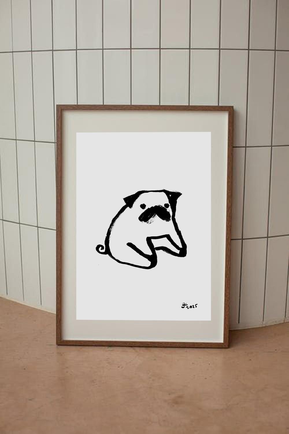 Pug Gifts, Art Print, Round funny Pug, Black and White dog print, Pet Home Decor, Pug Dog Sketch, Trendy Wall Art