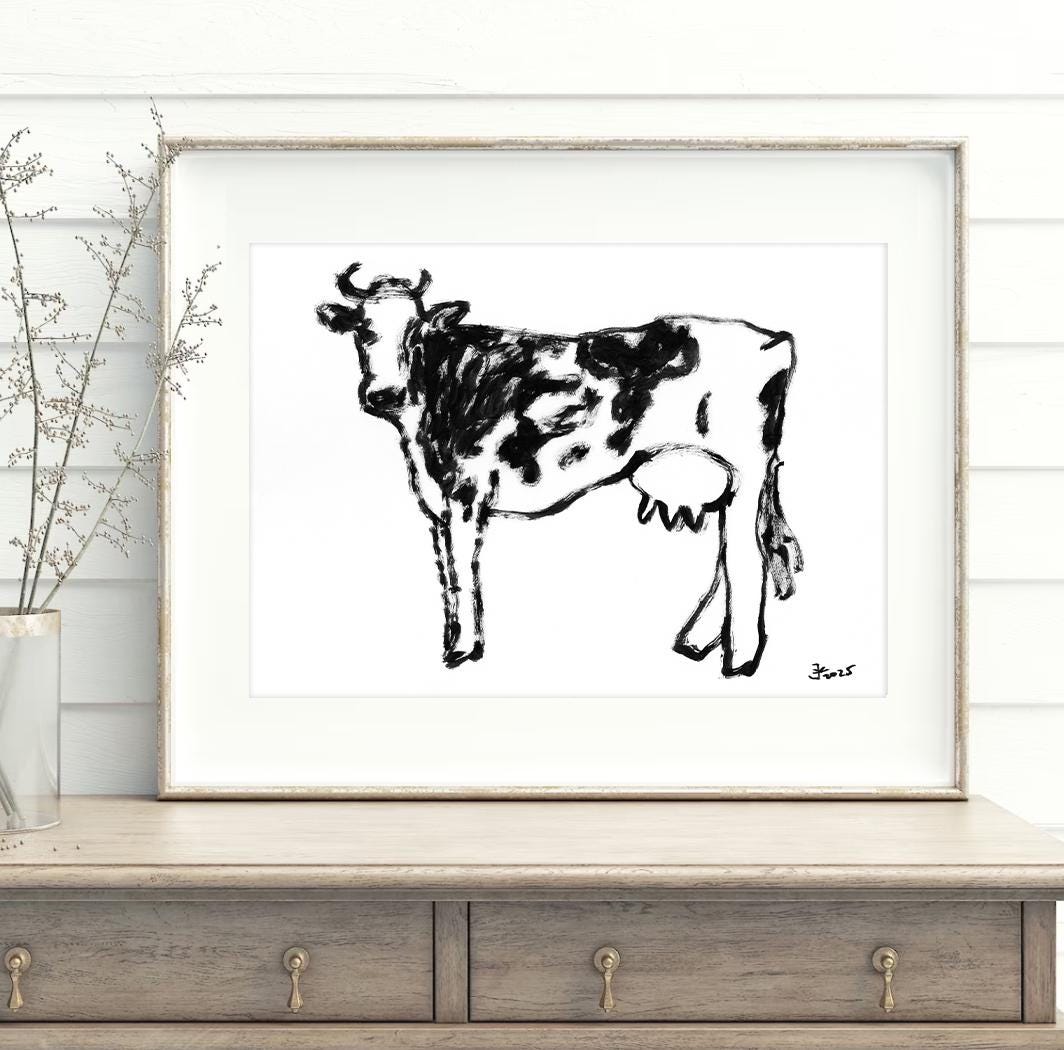 Cow Print, Farmhouse Decor, Country Wall Art, Cow Illustration, Trendy Wall Art, Rustic Animal Sketch, Cow Drawing, Cow Digital Download