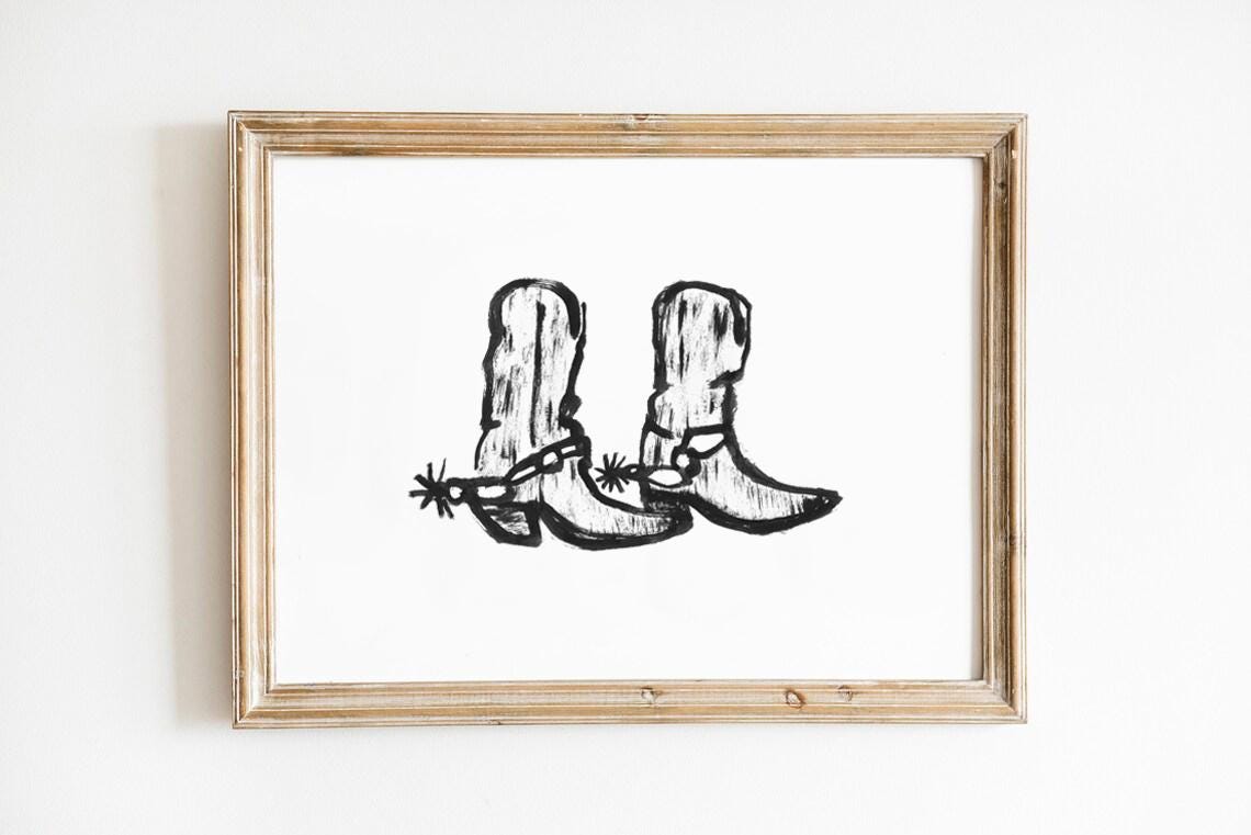 Cowgirl Boots Aesthetic Poster | Western Wall Art Print | Black & White Cowboy Boots Drawing | Vintage Cowgirl Illustration