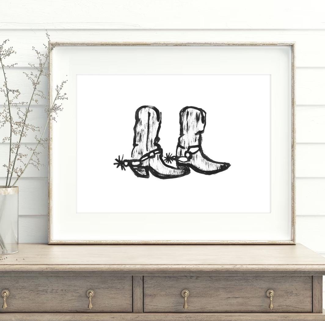 Cowgirl Boots Aesthetic Poster | Western Wall Art Print | Black & White Cowboy Boots Drawing | Vintage Cowgirl Illustration