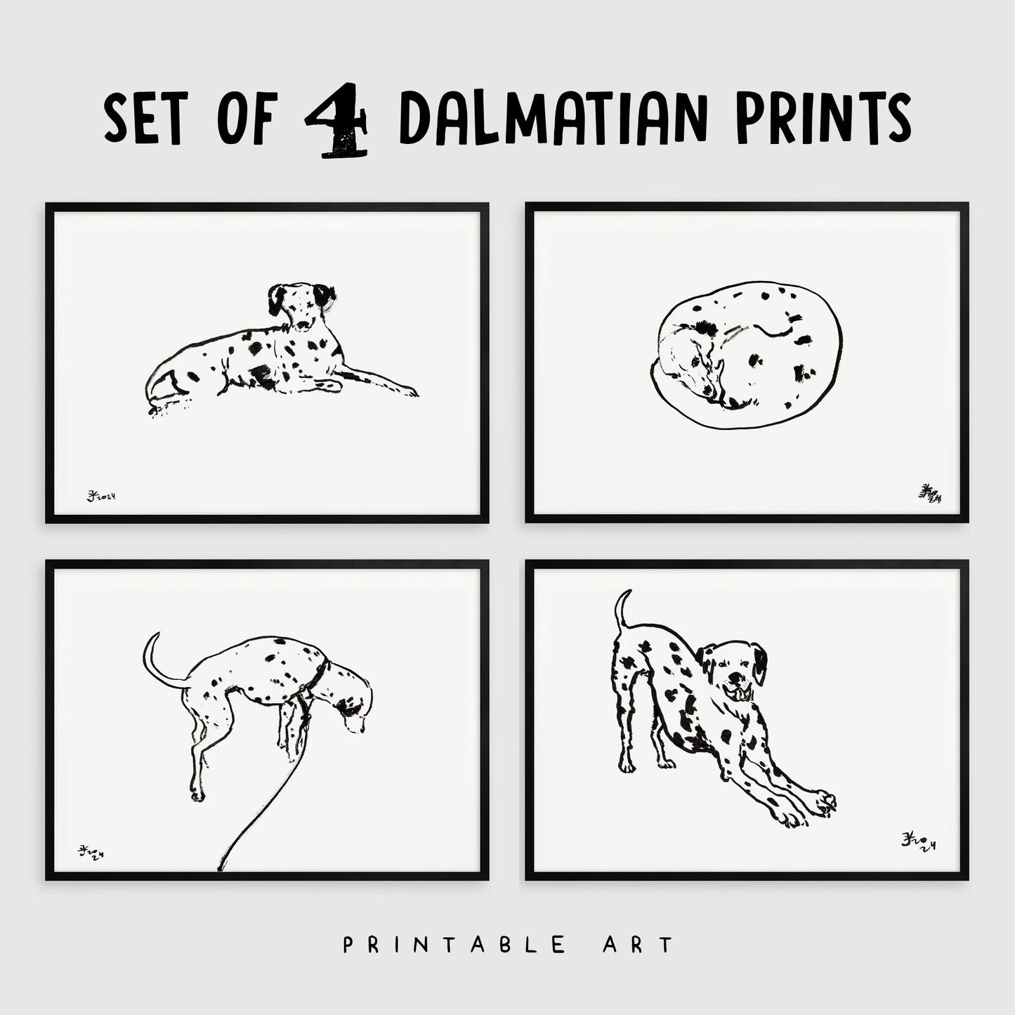 Set of 5 Dalmatian Prints, Digital Download, Dalmatian Drawings, Dalmatian Art, Minimalist Dalmatian Poster, Dog Lovers Gift, Dog Bundle