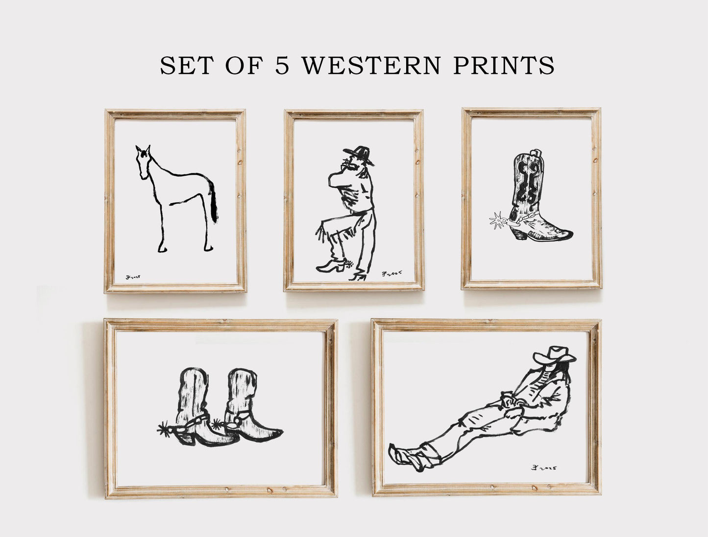 Set of 5 Western Prints, Digital Download, Southwestern Decor, Cowboy Art, Rodeo Aesthetic Wall Art, Horse Drawing, Cowgirl Boots Poster