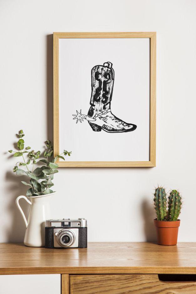 Set of 5 Western Prints, Digital Download, Southwestern Decor, Cowboy Art, Rodeo Aesthetic Wall Art, Horse Drawing, Cowgirl Boots Poster