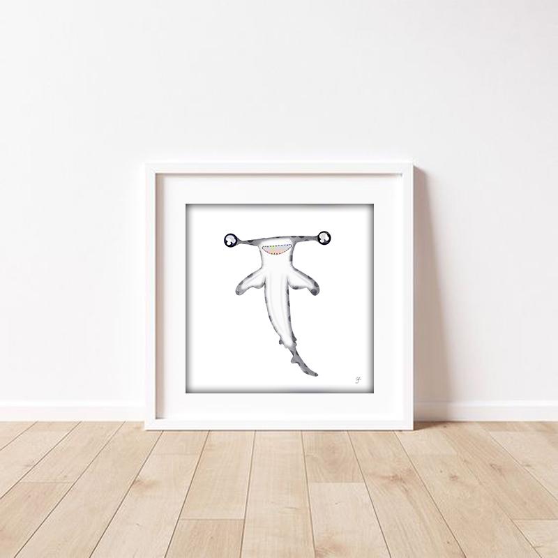 Baby Hammerhead Shark Print, Cute Coastal Nursery Decor, Happy Shark Poster, Baby Shark Wall Art for Kids Room