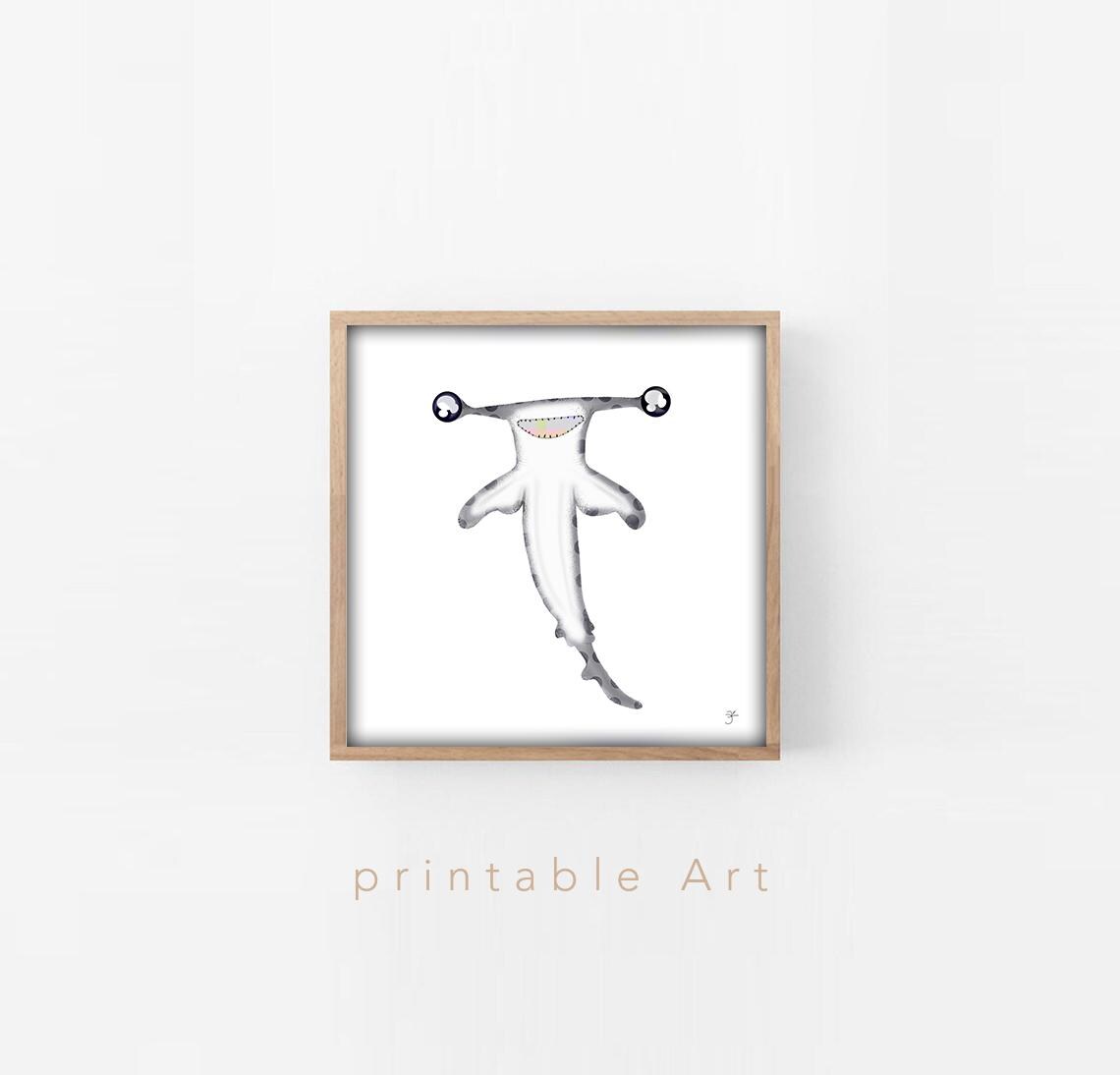 Baby Hammerhead Shark Print, Cute Coastal Nursery Decor, Happy Shark Poster, Baby Shark Wall Art for Kids Room
