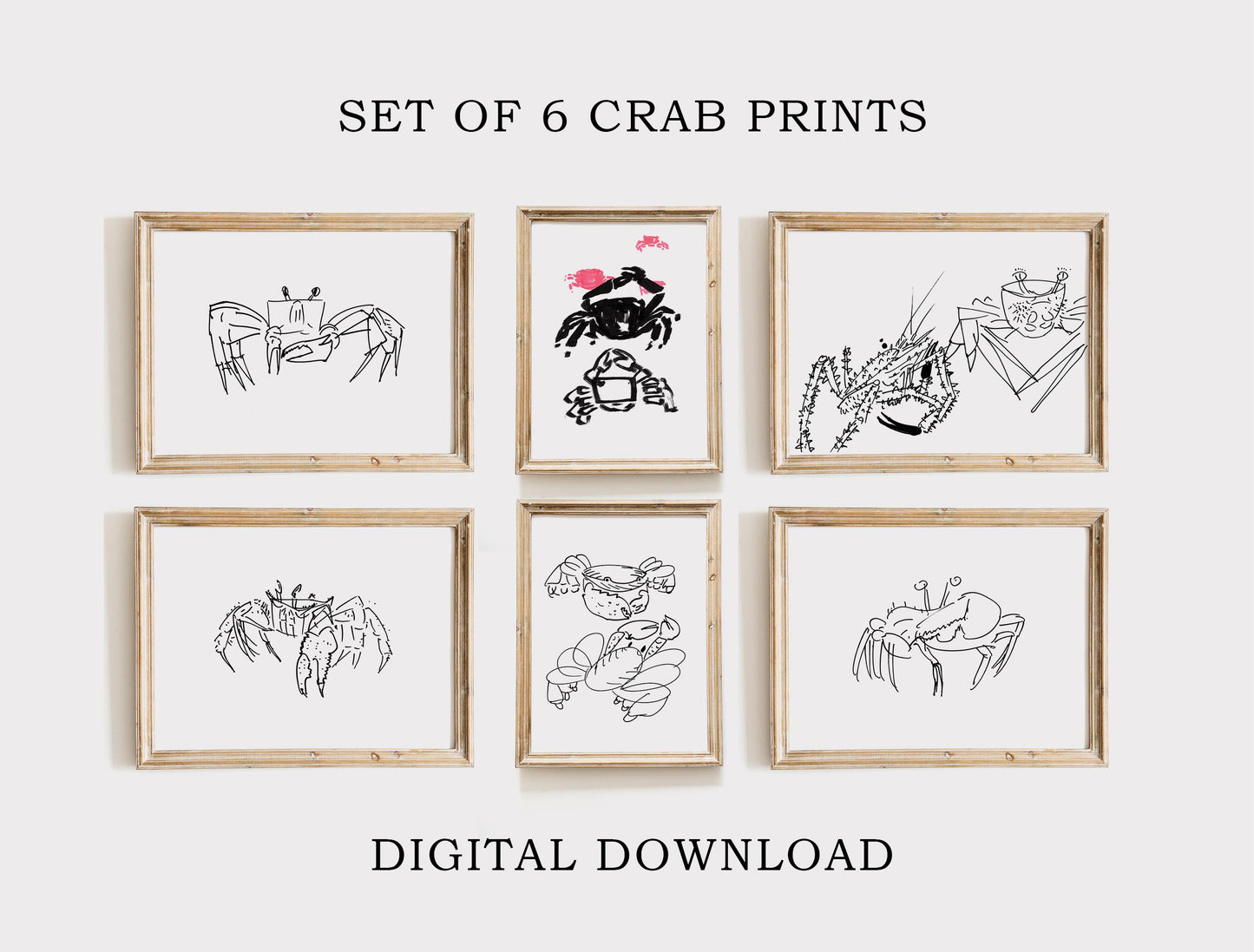 Set of 6 Crab Prints, Digital Download, Maritime Decor, Minimalist Crab Wall Art, Nautical Home Decor Bundle, Coastal Living Room Decor