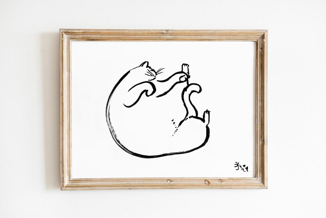 Sleeping Cat Print, Digital Download, Bedroom Wall Decor, Black and White Cat Drawing, Minimalist Kitten Poster, Cat Lover Gift