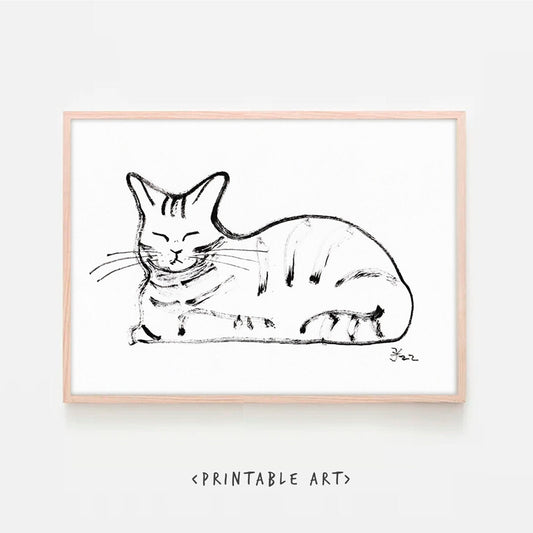 Sleeping Cat Wall Art Print, Printable Digital Download, chill cat, Sphinx Cat Print, nigh home pet gift wall decor