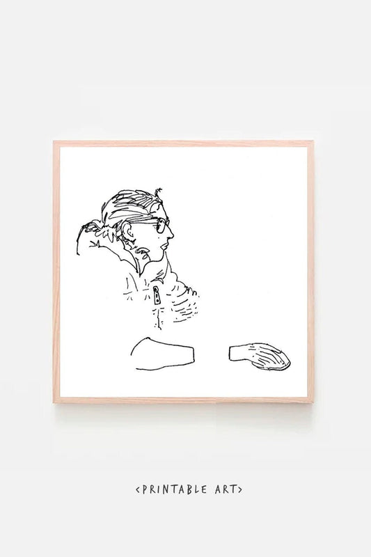 Sketch of Girl Sitting on PC Wall Art Print Line Art Digital Printable ~ Download Print, Gift for Her Gallery Sketch black and white