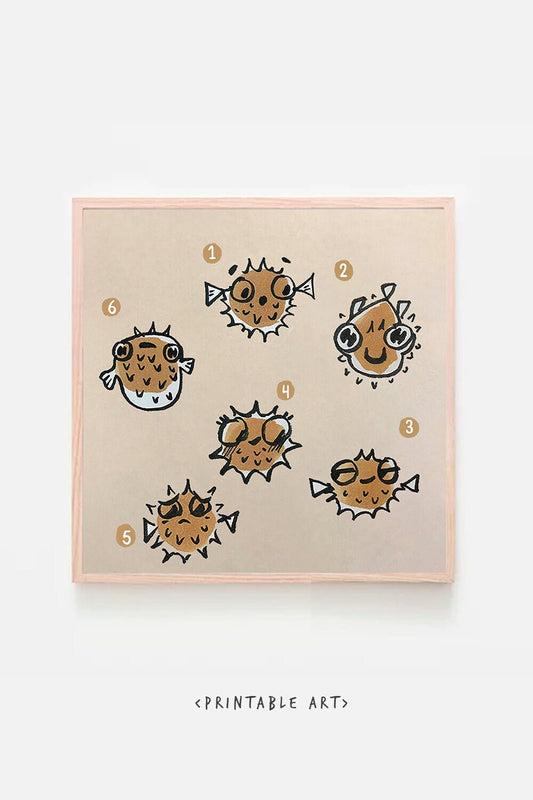 Blowfish Fugu Cute Printable Nursery Art, Square Cute Print, Ocean Wall Prints, Nursery Wall Art, Digital Download, Sea Print Downloadable