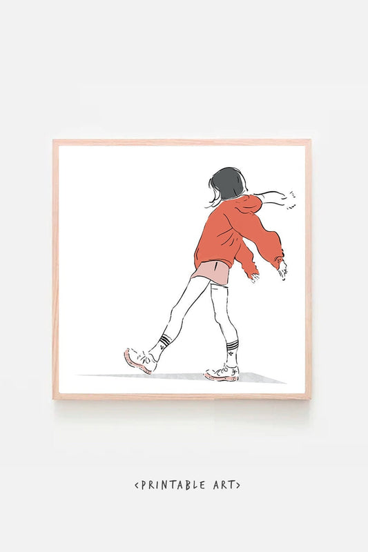Bored Girl in Search of Adventure Wall Art Print Digital Instant Download Lady in Red Skirt Red Jacket Short Skirt Sneakers Gift for Her