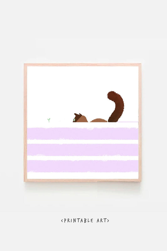 Cat In Search of Spring Square Digital Nursery Instant Download Art Printable Winter Purple Snow Green Plant Children Wall Art Decor